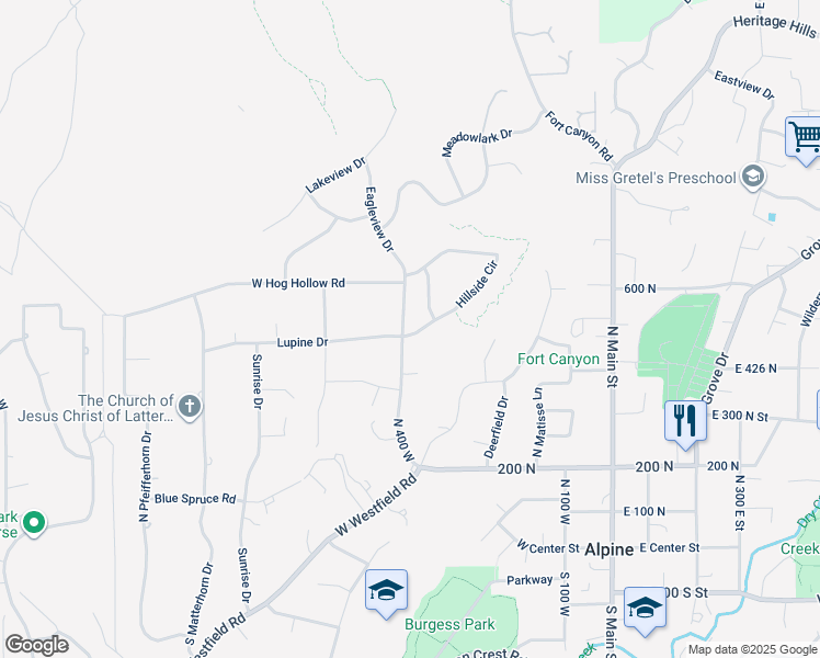 map of restaurants, bars, coffee shops, grocery stores, and more near 514 Hillside Circle in Alpine