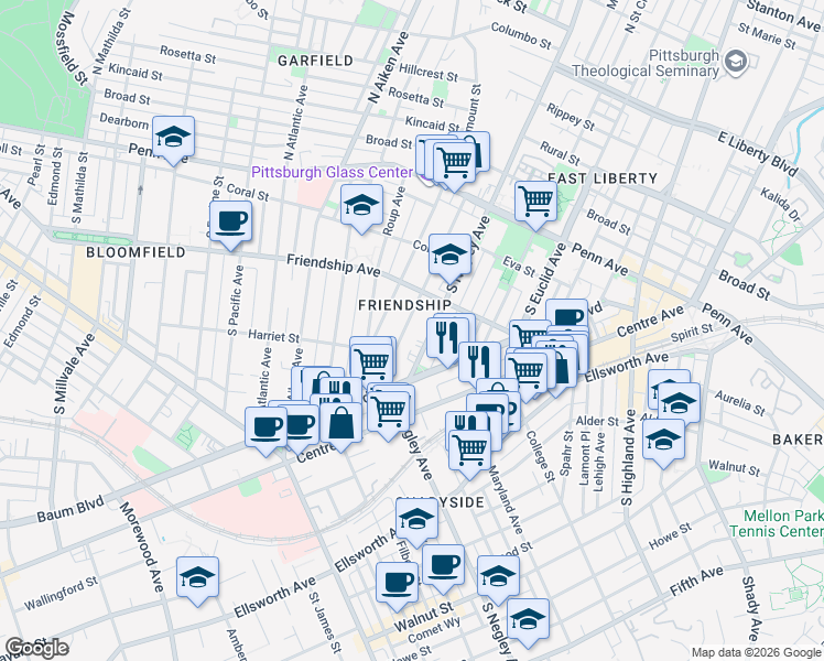 map of restaurants, bars, coffee shops, grocery stores, and more near 358 South Negley Avenue in Pittsburgh