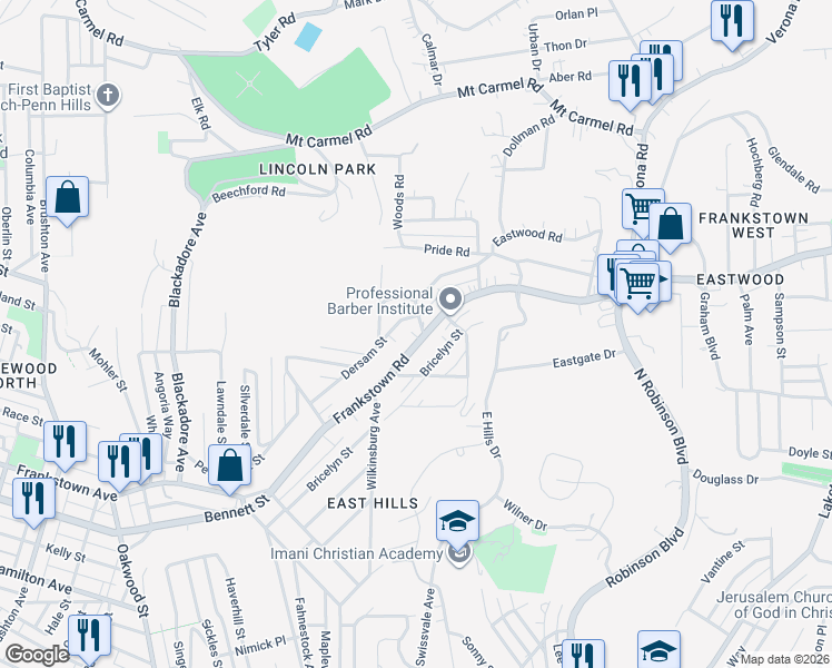 map of restaurants, bars, coffee shops, grocery stores, and more near 8701 Bricelyn Street in Pittsburgh