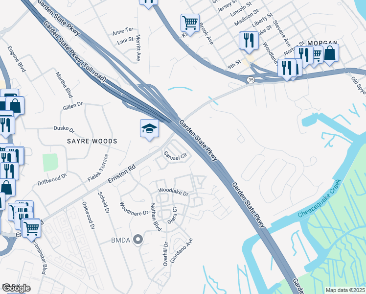 map of restaurants, bars, coffee shops, grocery stores, and more near 261 Samuel Circle in Sayreville