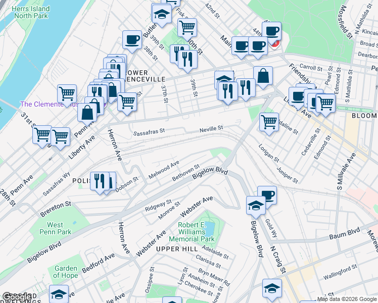 map of restaurants, bars, coffee shops, grocery stores, and more near 3521 Melwood Avenue in Pittsburgh