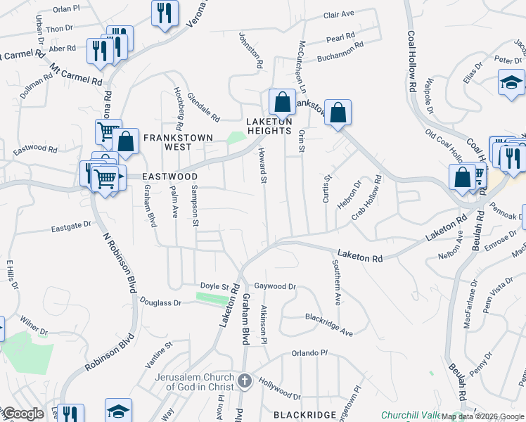 map of restaurants, bars, coffee shops, grocery stores, and more near 194 Howard Street in Penn Hills