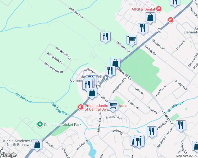 map of restaurants, bars, coffee shops, grocery stores, and more near 12 Gallop Lane in Franklin Township