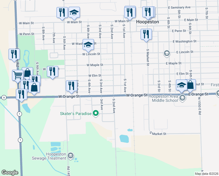 map of restaurants, bars, coffee shops, grocery stores, and more near 819 South 2nd Avenue in Hoopeston