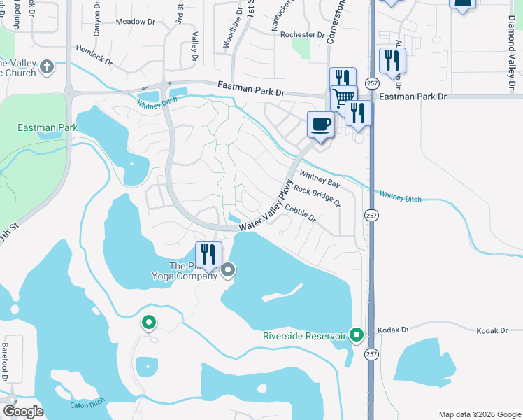 map of restaurants, bars, coffee shops, grocery stores, and more near 107 Bayside Circle in Windsor