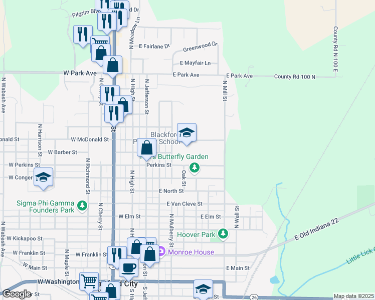 map of restaurants, bars, coffee shops, grocery stores, and more near 400 East McDonald Street in Hartford City