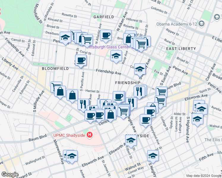 map of restaurants, bars, coffee shops, grocery stores, and more near 367 South Graham Street in Pittsburgh