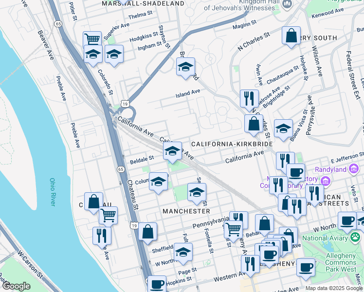 map of restaurants, bars, coffee shops, grocery stores, and more near 1219 California Avenue in Pittsburgh