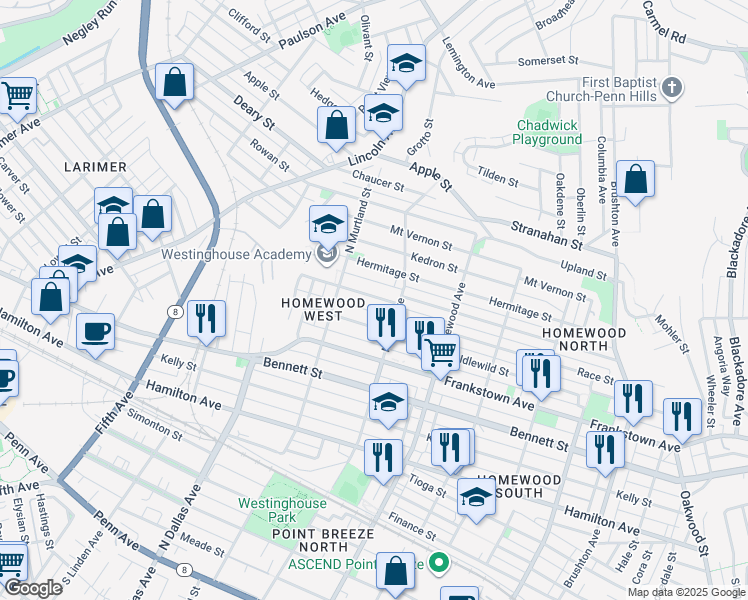 map of restaurants, bars, coffee shops, grocery stores, and more near 7040 Fielding Way in Pittsburgh