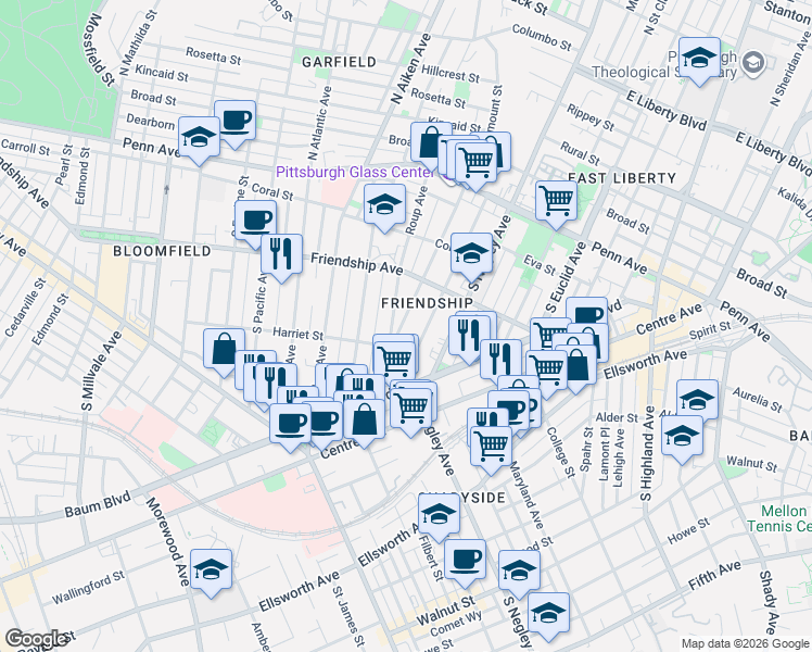 map of restaurants, bars, coffee shops, grocery stores, and more near in Pittsburgh
