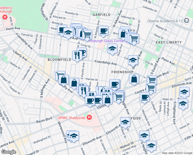 map of restaurants, bars, coffee shops, grocery stores, and more near 401 South Aiken Avenue in Pittsburgh