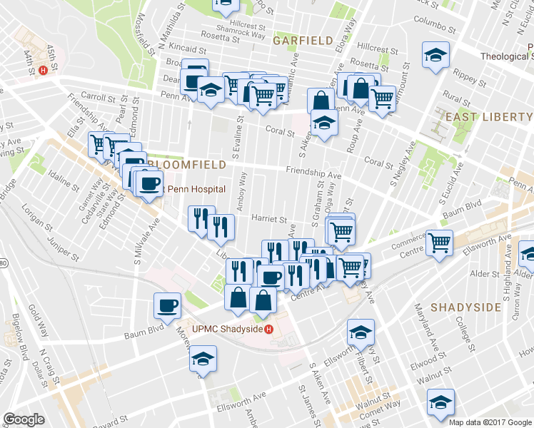 map of restaurants, bars, coffee shops, grocery stores, and more near 402 South Atlantic Avenue in Pittsburgh