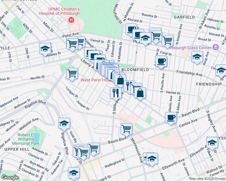 map of restaurants, bars, coffee shops, grocery stores, and more near in Pittsburgh