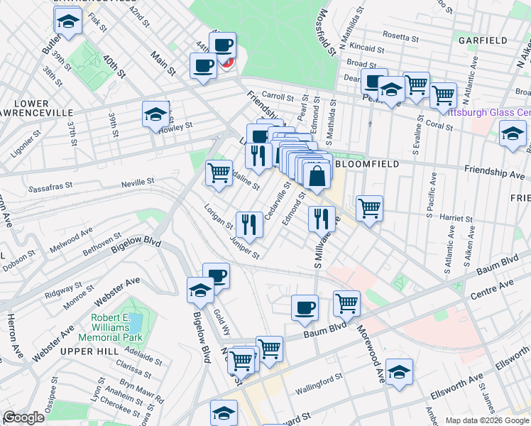 map of restaurants, bars, coffee shops, grocery stores, and more near 427 State Way in Pittsburgh