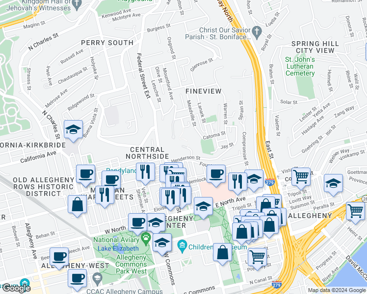 map of restaurants, bars, coffee shops, grocery stores, and more near in Pittsburgh