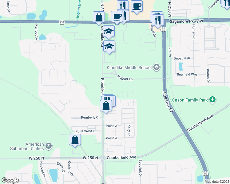 map of restaurants, bars, coffee shops, grocery stores, and more near 2899 Klondike Road in West Lafayette