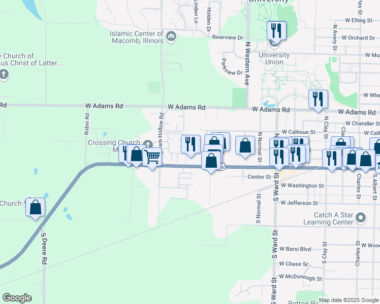 map of restaurants, bars, coffee shops, grocery stores, and more near 1526 West Jackson Street in Macomb