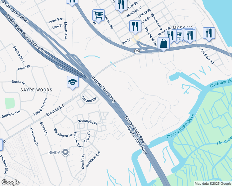 map of restaurants, bars, coffee shops, grocery stores, and more near 2008 Bayhead Drive in Sayreville
