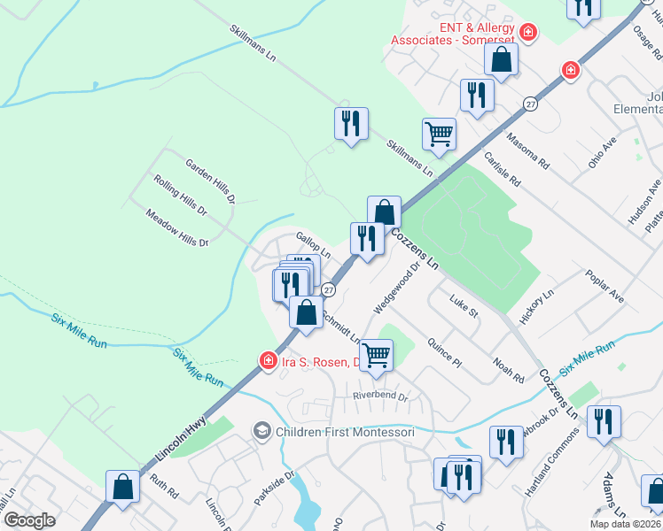 map of restaurants, bars, coffee shops, grocery stores, and more near 10 Gallop Lane in Franklin Township