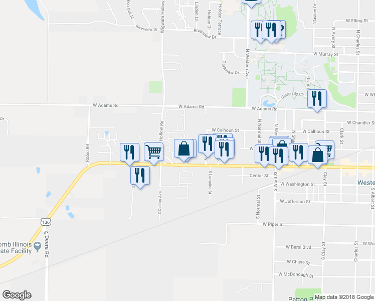 map of restaurants, bars, coffee shops, grocery stores, and more near 202 Charleston Boulevard in Macomb