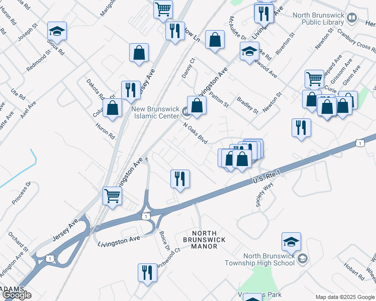 map of restaurants, bars, coffee shops, grocery stores, and more near 1218 North Oaks Boulevard in North Brunswick Township