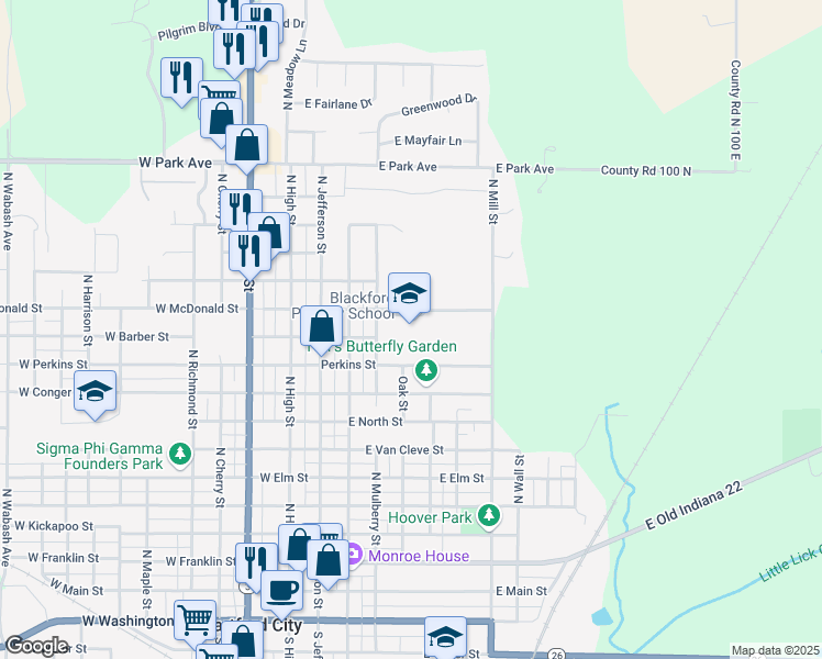 map of restaurants, bars, coffee shops, grocery stores, and more near 400 East McDonald Street in Hartford City