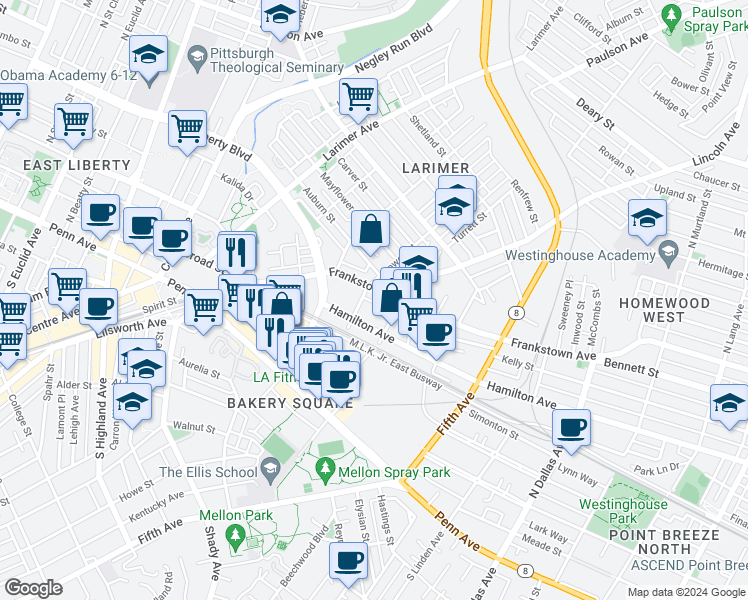 map of restaurants, bars, coffee shops, grocery stores, and more near 216 Lincoln Avenue in Pittsburgh