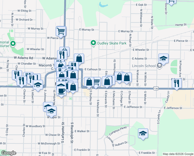map of restaurants, bars, coffee shops, grocery stores, and more near 208 North Madison Street in Macomb