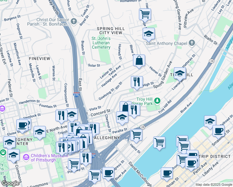 map of restaurants, bars, coffee shops, grocery stores, and more near 1017 High Street in Pittsburgh