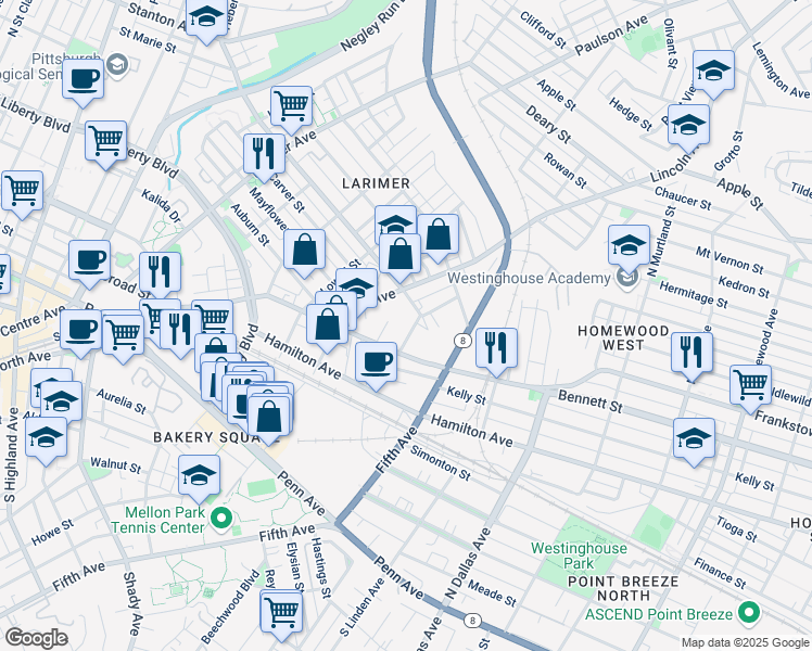 map of restaurants, bars, coffee shops, grocery stores, and more near 117 Finley Street in Pittsburgh