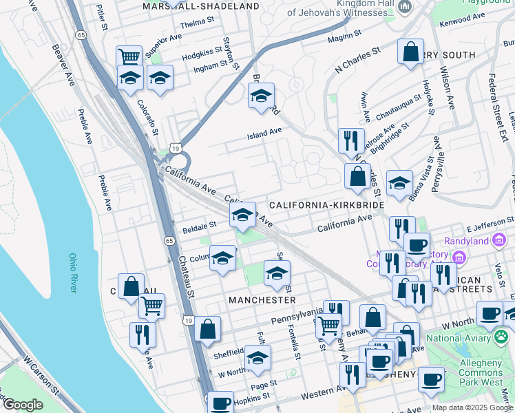 map of restaurants, bars, coffee shops, grocery stores, and more near 1237 Kunkle Avenue in Pittsburgh