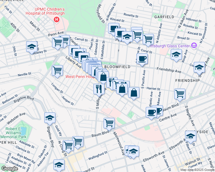 map of restaurants, bars, coffee shops, grocery stores, and more near Liberty Avenue & South Millvale Avenue in Pittsburgh