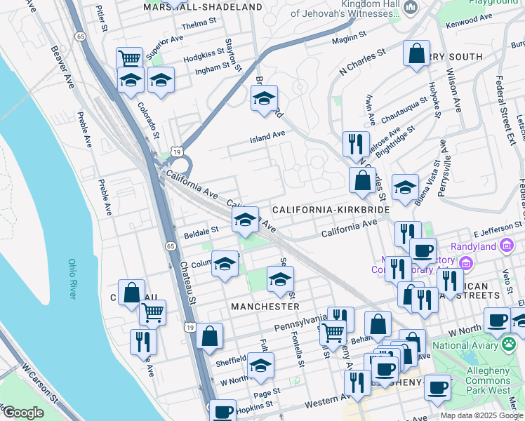map of restaurants, bars, coffee shops, grocery stores, and more near 1227 Kunkle Avenue in Pittsburgh