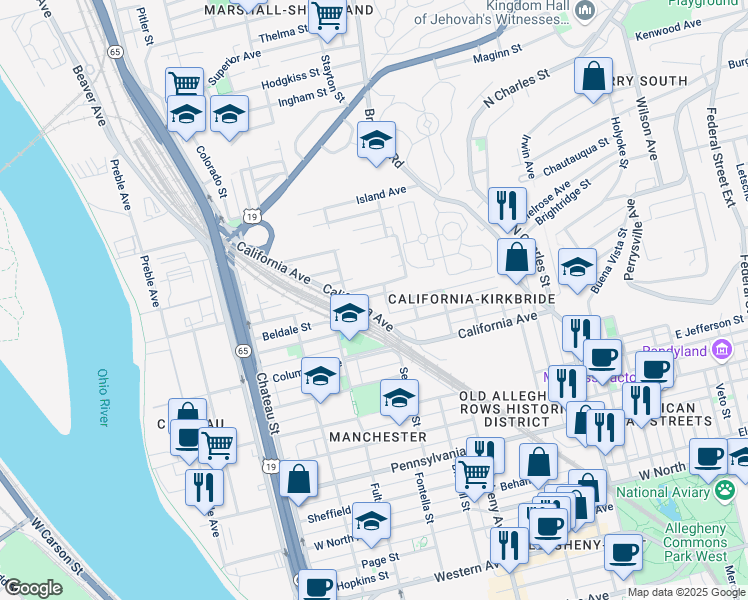 map of restaurants, bars, coffee shops, grocery stores, and more near 1227 Kunkle Avenue in Pittsburgh