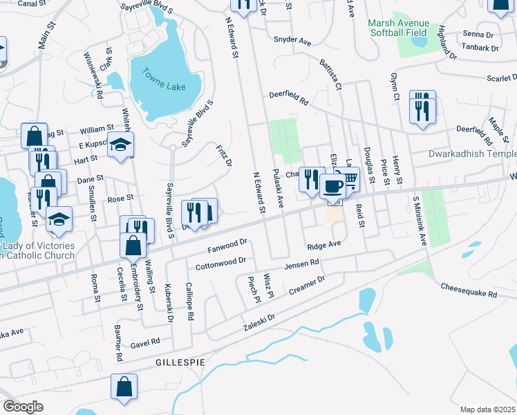 map of restaurants, bars, coffee shops, grocery stores, and more near 37 North Edward Street in Sayreville