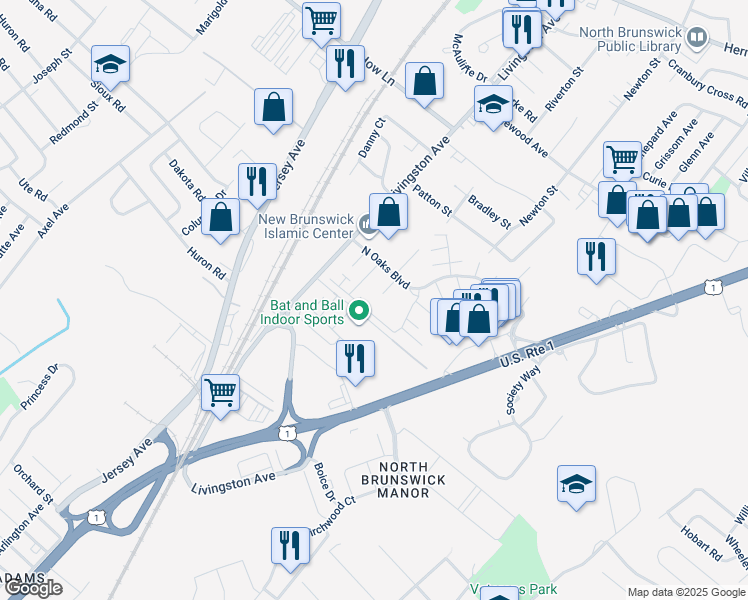 map of restaurants, bars, coffee shops, grocery stores, and more near 1210 North Oaks Boulevard in North Brunswick Township