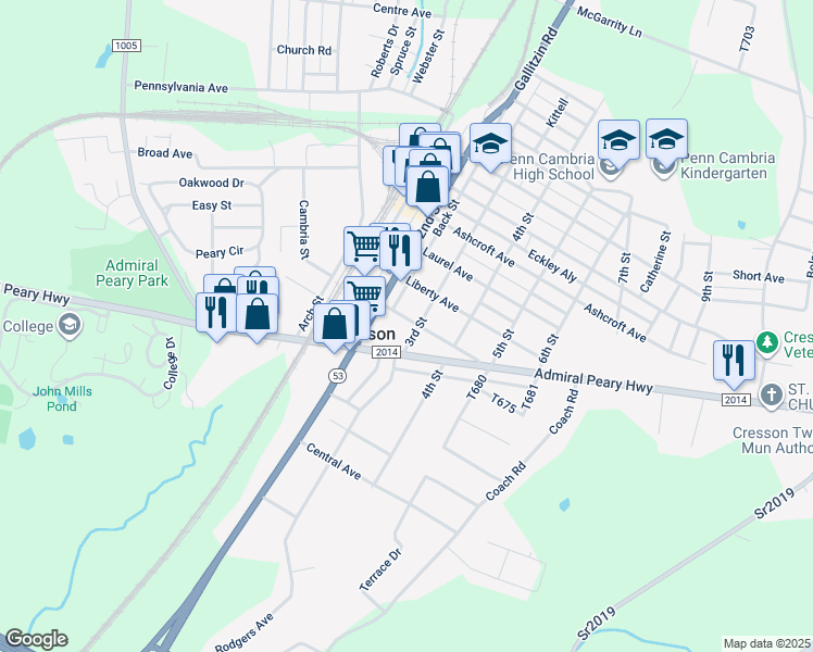 map of restaurants, bars, coffee shops, grocery stores, and more near in Cresson