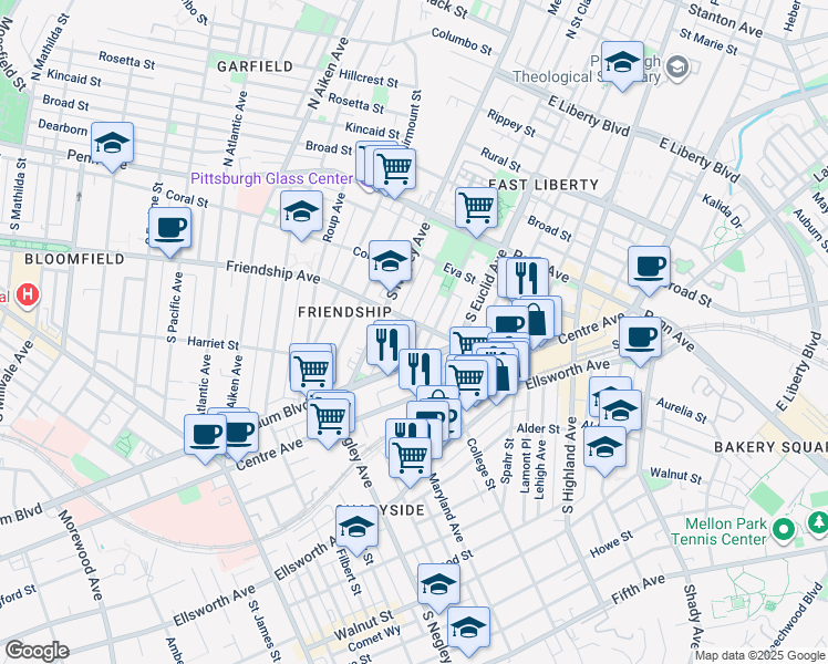 map of restaurants, bars, coffee shops, grocery stores, and more near 328 Amber Street in Pittsburgh