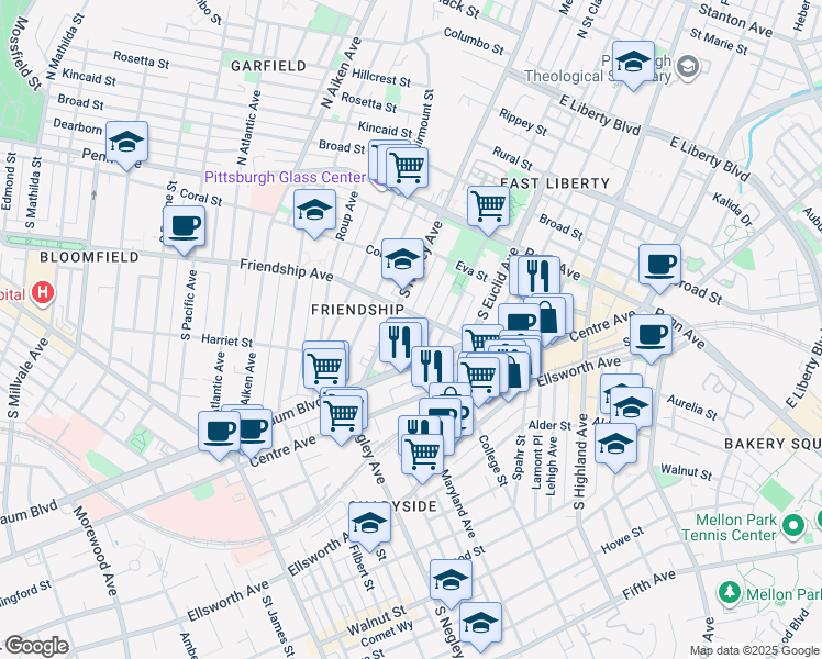 map of restaurants, bars, coffee shops, grocery stores, and more near 328 Amber Street in Pittsburgh