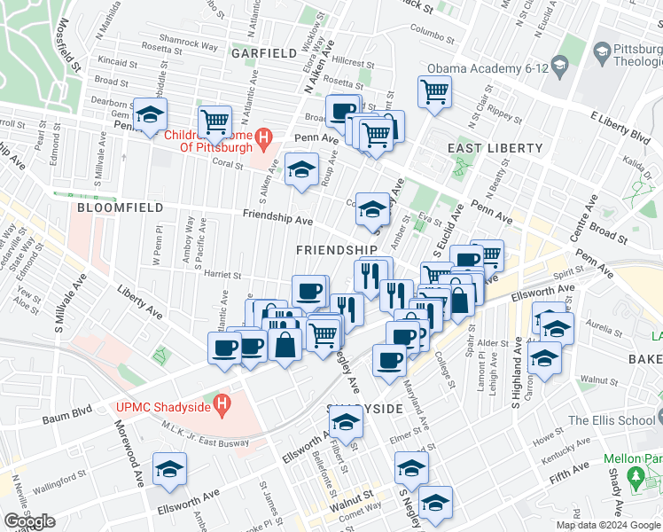 map of restaurants, bars, coffee shops, grocery stores, and more near 358 South Negley Avenue in Pittsburgh