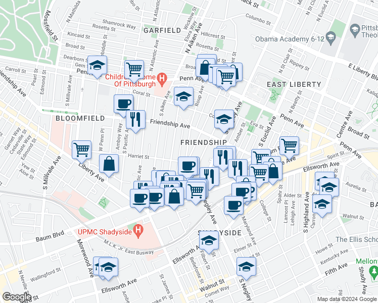 map of restaurants, bars, coffee shops, grocery stores, and more near 375 South Fairmount Street in Pittsburgh