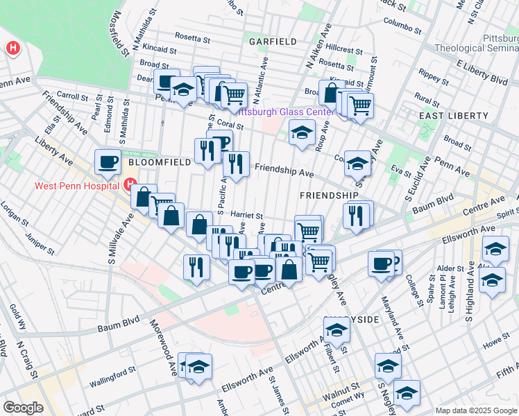 map of restaurants, bars, coffee shops, grocery stores, and more near 401 South Aiken Avenue in Pittsburgh