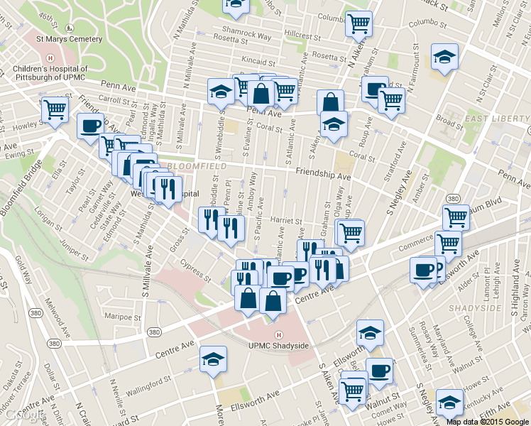 map of restaurants, bars, coffee shops, grocery stores, and more near 408 South Pacific Avenue in Pittsburgh