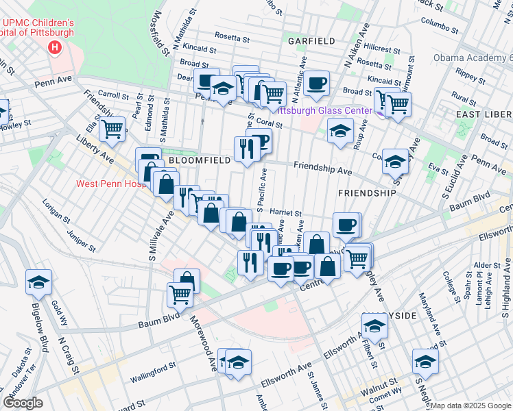 map of restaurants, bars, coffee shops, grocery stores, and more near 408 South Pacific Avenue in Pittsburgh