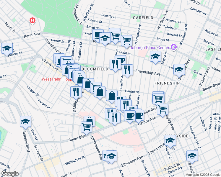 map of restaurants, bars, coffee shops, grocery stores, and more near 5110 Harriet Street in Pittsburgh