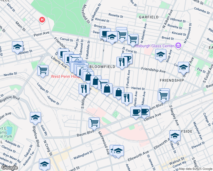 map of restaurants, bars, coffee shops, grocery stores, and more near 418 South Winebiddle Street in Pittsburgh
