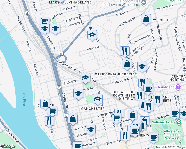 map of restaurants, bars, coffee shops, grocery stores, and more near 1219 California Avenue in Pittsburgh