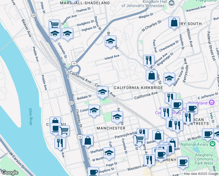 map of restaurants, bars, coffee shops, grocery stores, and more near 1219 California Avenue in Pittsburgh