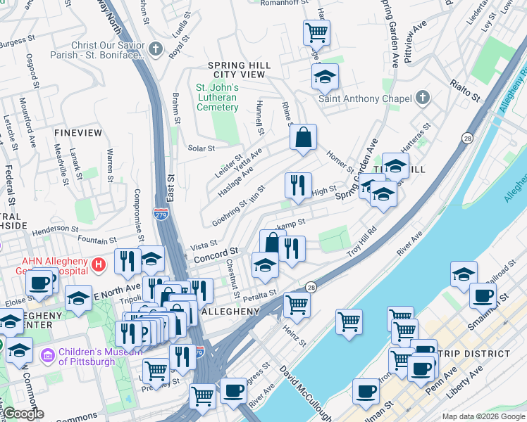 map of restaurants, bars, coffee shops, grocery stores, and more near 1061 Spring Garden Avenue in Pittsburgh