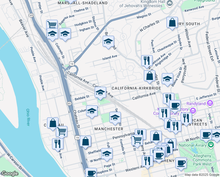 map of restaurants, bars, coffee shops, grocery stores, and more near 1937 Sedgwick Street in Pittsburgh
